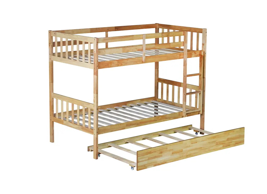 Twin Over Twin Rubber Wood Bunk Bed Trundle Convertible to 2 Twin Beds inspirit