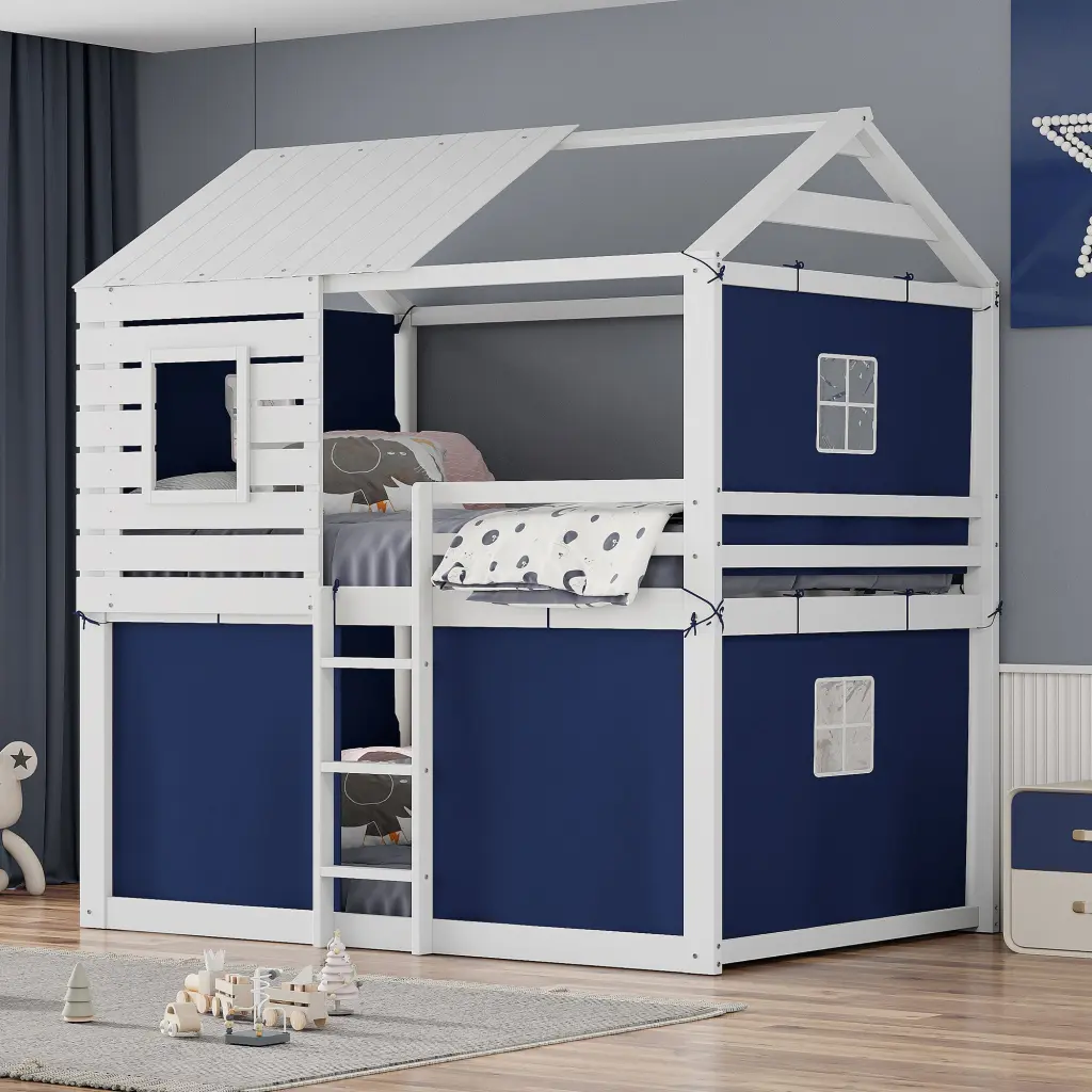 Full Dimensions Bunk Wood Houtilize Bed Tent Blue and White lucky furniture