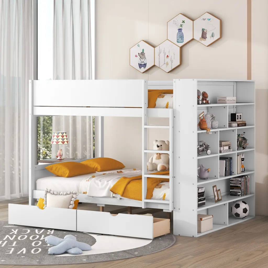 Full Over Full Bunk Bed 2 Drawers and Multi Layer Cabinet White lucky furniture