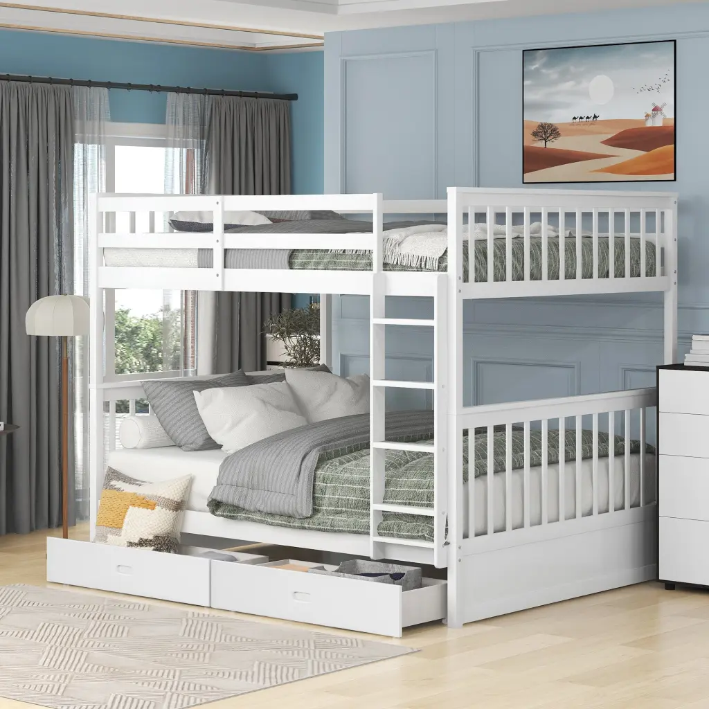 Full Over Full Bunk Bed Ladders And Two Storage Drawers White Old lucky furniture