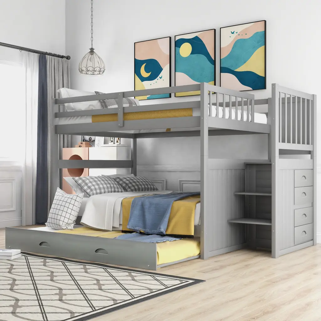 Full Over Full Bunk Bed Twin Trundle Gray Wood Frame lucky furniture