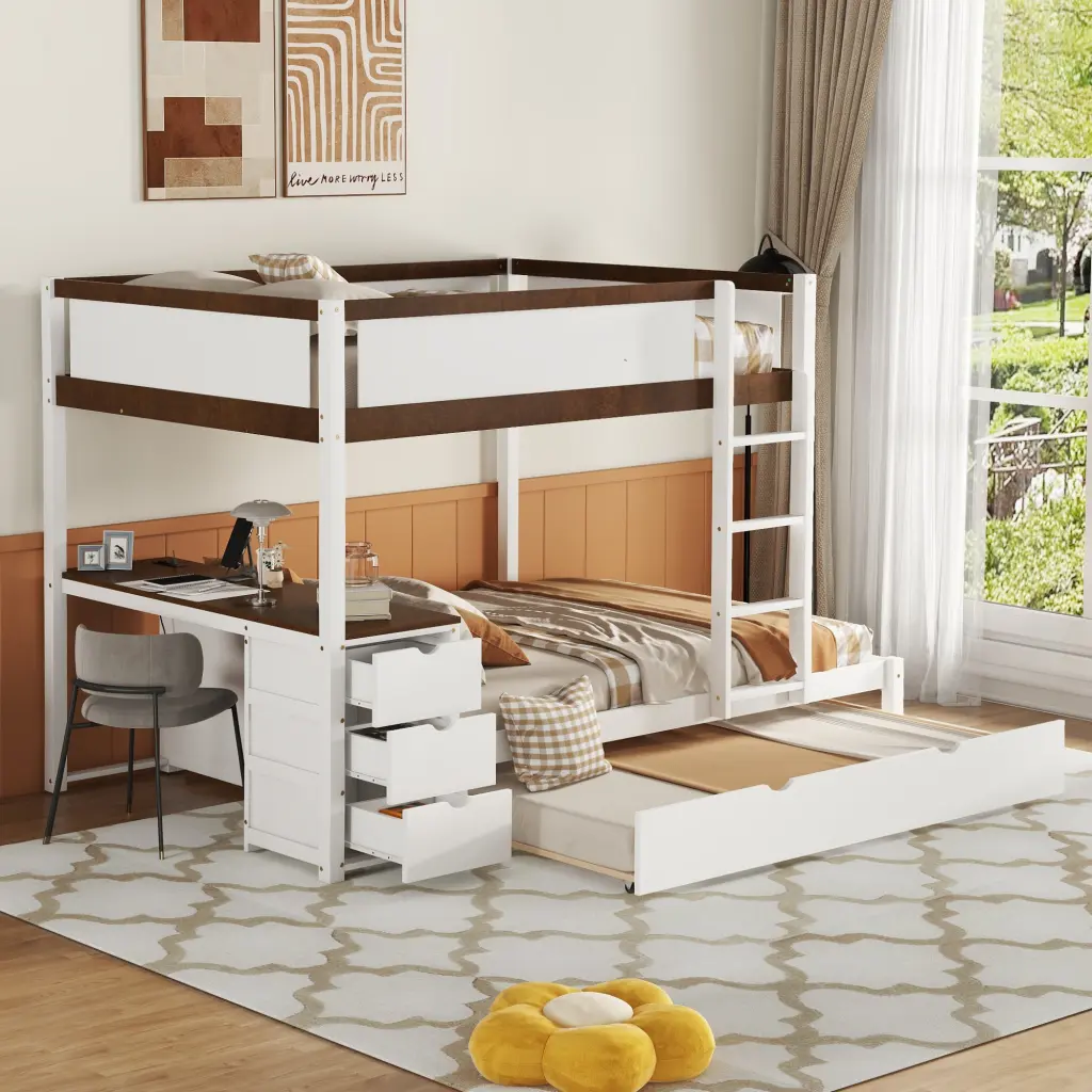 Full Over Full Bunk Bed Twin Trundle Storage and Desk White lucky furniture