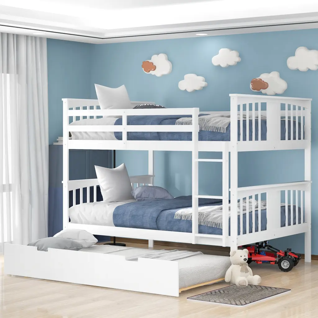 Full Over Full Bunk Bed Twin Trundle and Ladder White lucky furniture