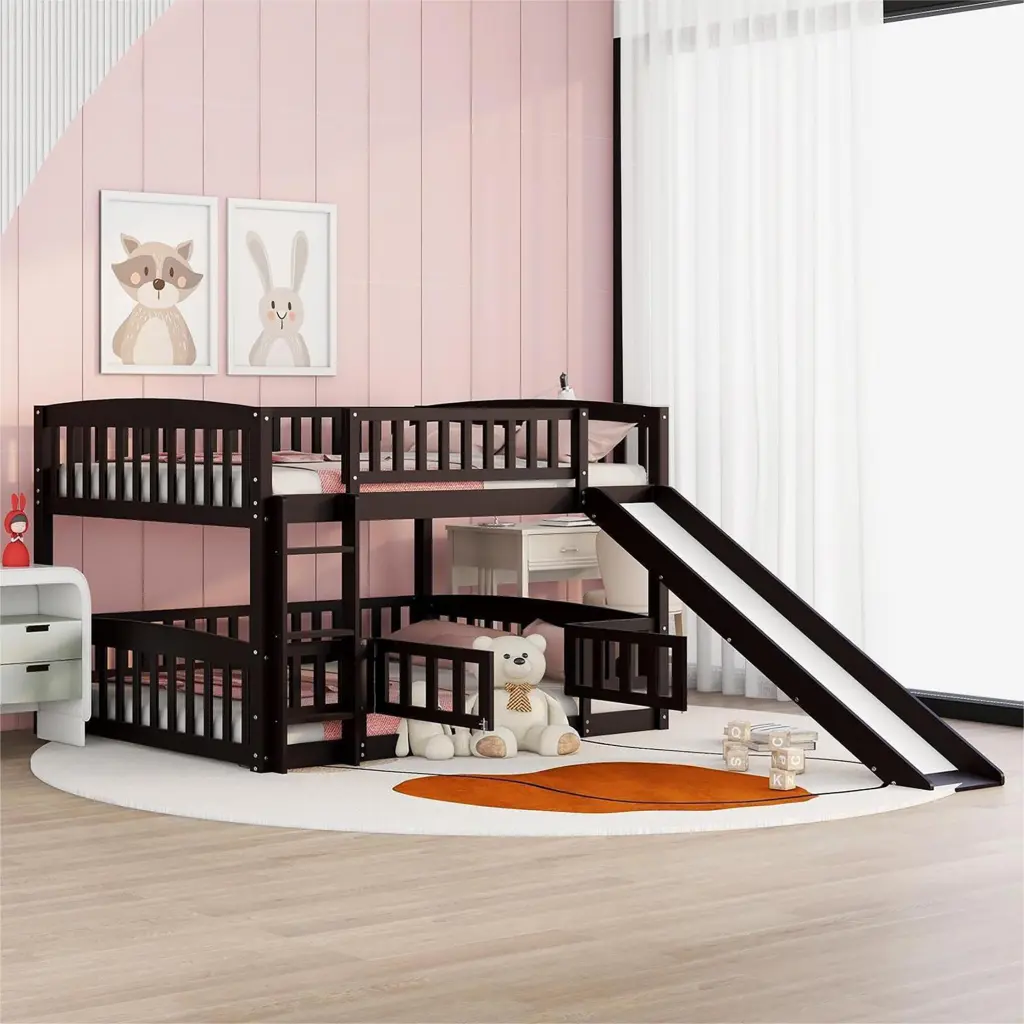 Full Over Full Low Bunk Bed Slide Fence And Ladder Kids And Teens lucky furniture