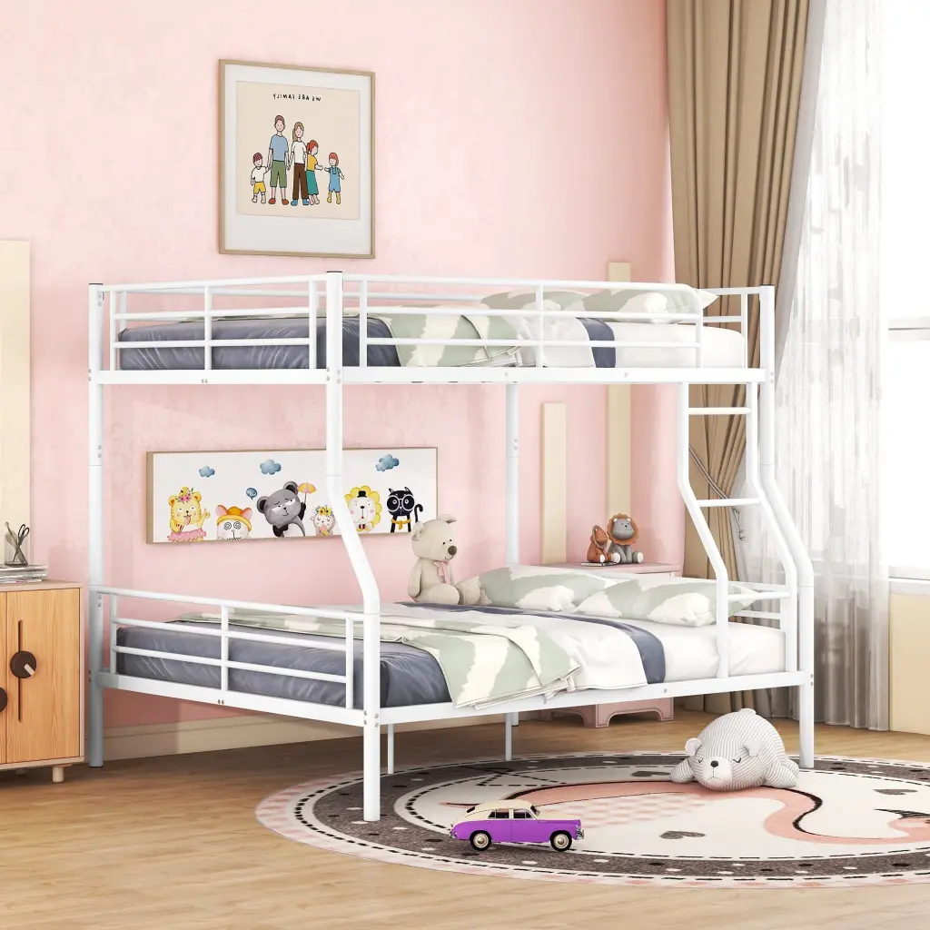 Full XL Over Queen Metallic Bunk Bed White Ferrous Metal lucky furniture