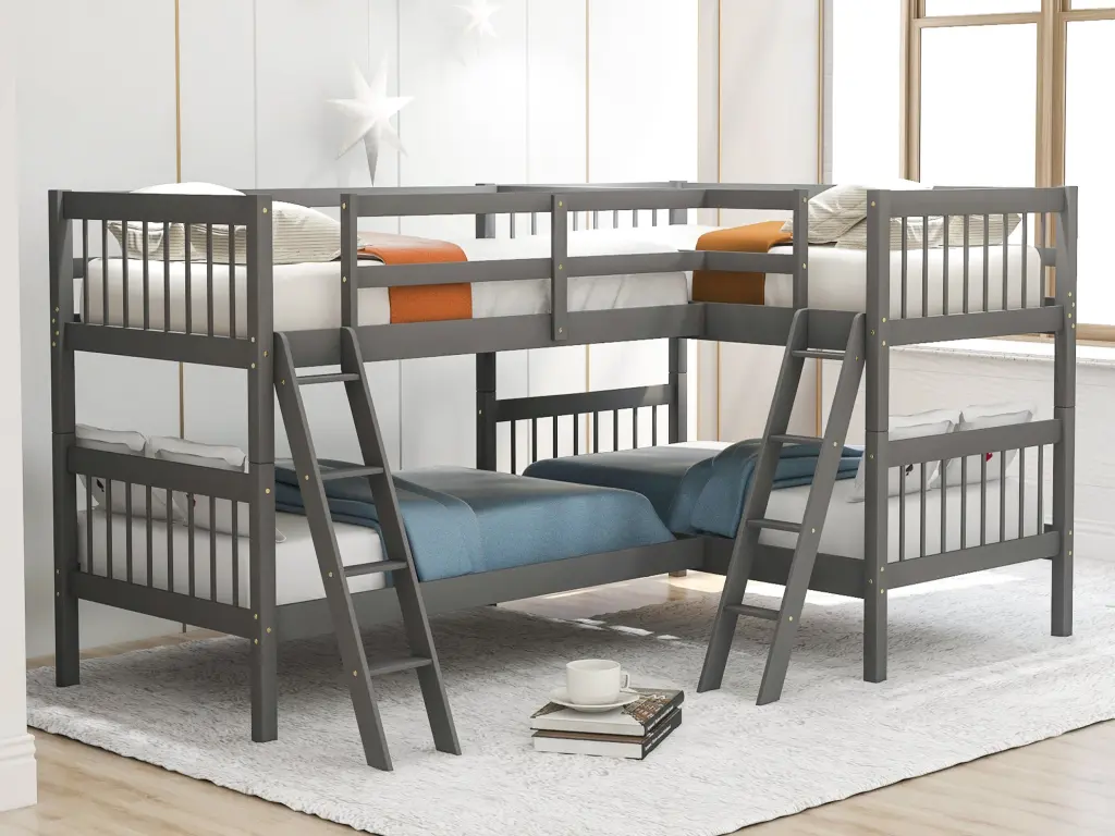 L Shaped Bunk Bed Ladder Twin Dimensions Gray Space Saving Kids Bed lucky furniture
