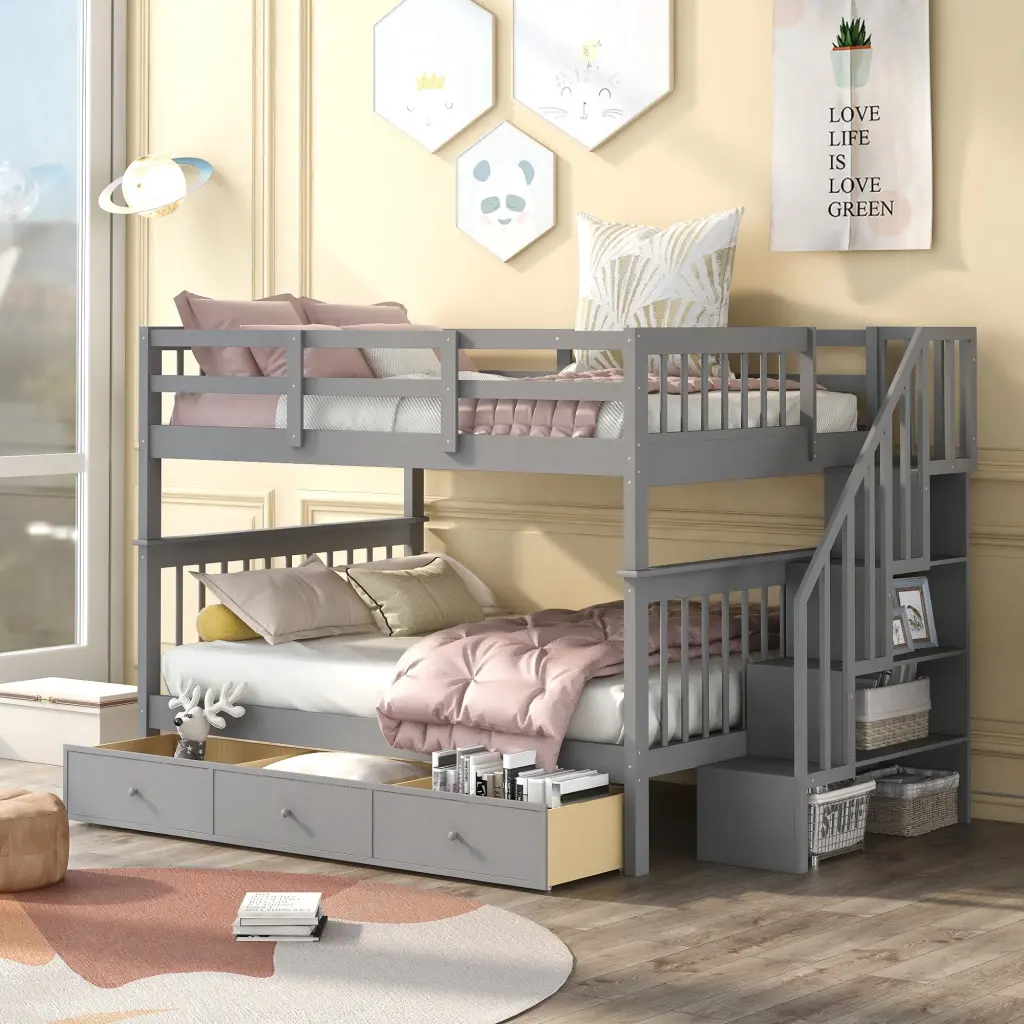 Stairway Full Over Full Bunk Bed Drawer Storage And Guard Rail Kids lucky furniture
