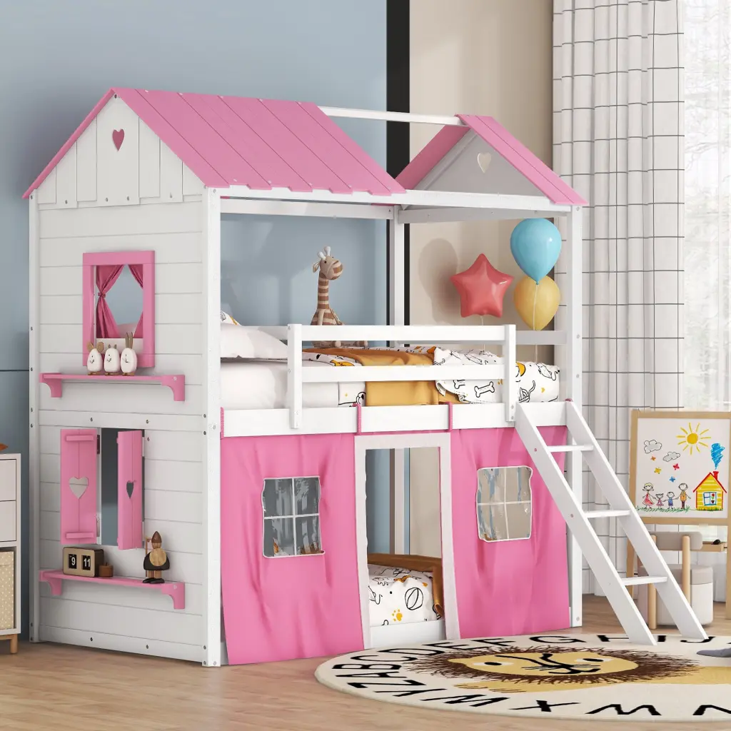 Twin Bunk Wood Bed Elegant Windows Sills And Tent Playhouse lucky furniture