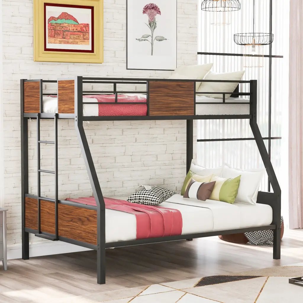 Twin Over Full Bunk Bed Modern Style Alloy Metal Frame Safety Rail lucky furniture