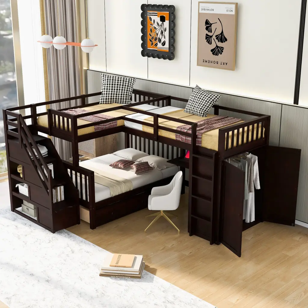 Twin Over Full L Shaped Bunk Bed 3 Drawers And Travel Friendly Desk Space Saving Furniture lucky furniture