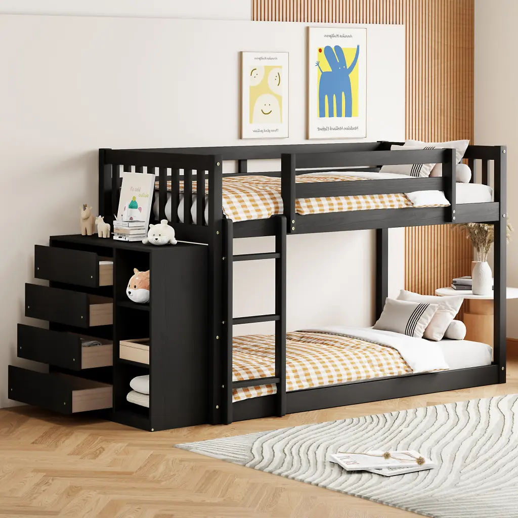 Twin Over Twin Bunk Bed 4 Drawers and 3 Shelves Espresso Finish lucky furniture