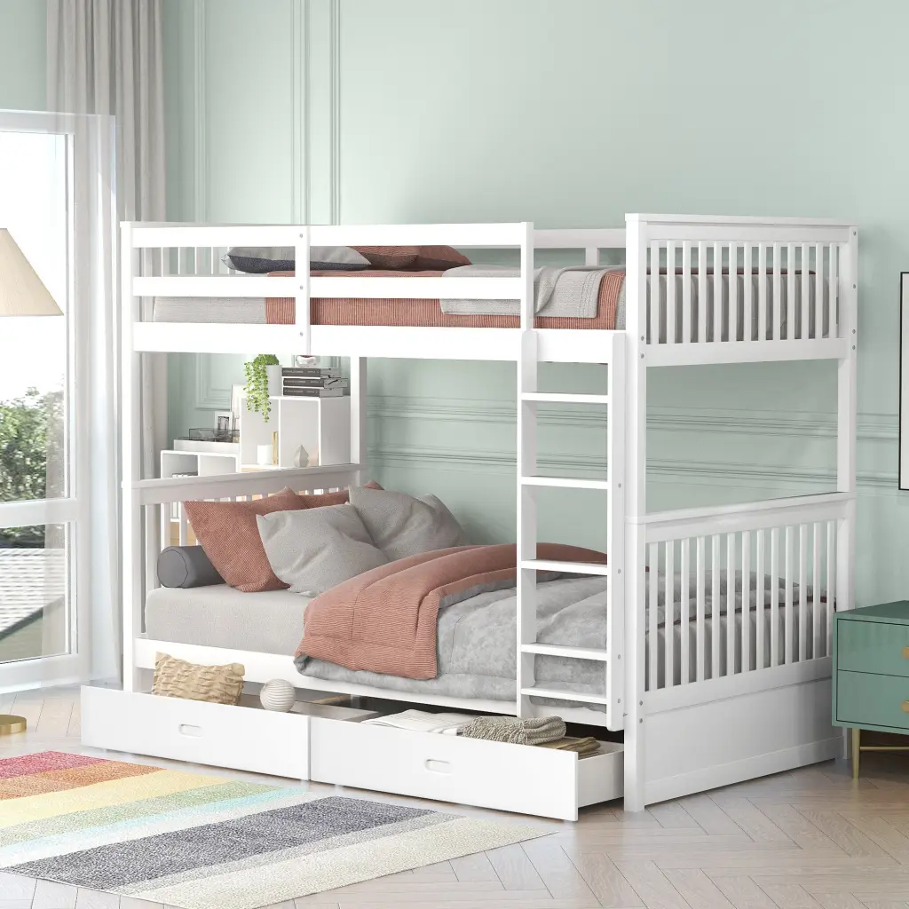 Twin Over Twin Bunk Bed Ladders and Two Storage Drawers White Kids lucky furniture