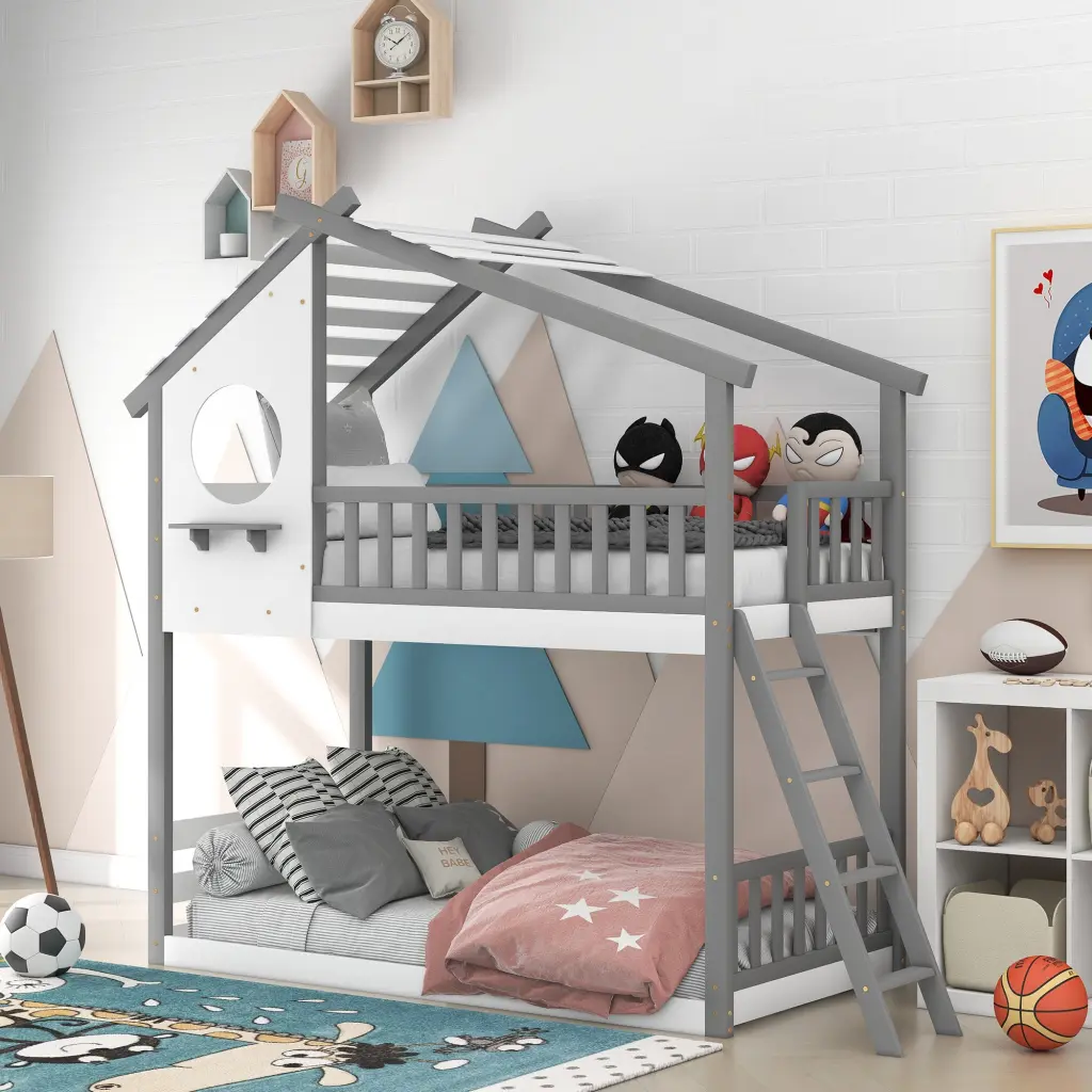 Twin Over Twin Bunk Bed Roof Window and Ladder Gray Wood Kids Bed lucky furniture