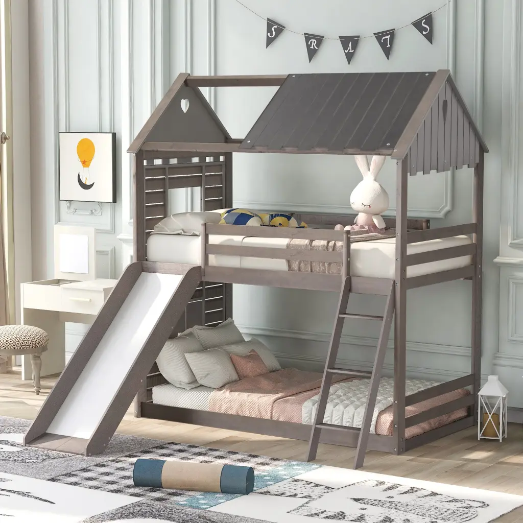 Twin Over Twin Bunk Bed Roof, Window, Slide, and Ladder - Timber Bed Kids lucky furniture