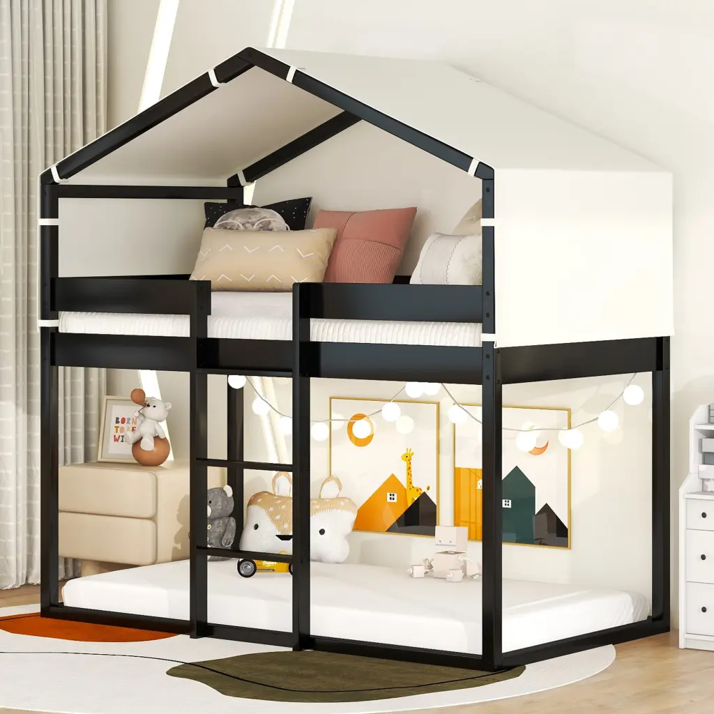 Twin Over Twin Bunk Bed Timber Bed Tent Espresso Solid Wood Kids Bunk Bed lucky furniture