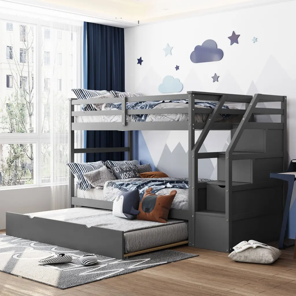 Twin Over Twin Bunk Bed Trundle and 3 Storage Stairs Gray lucky furniture