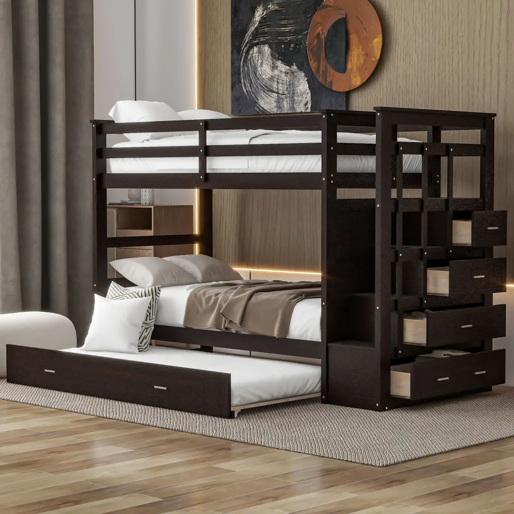 Twin Over Twin Bunk Bed Trundle and Staircase Espresso Finish lucky furniture