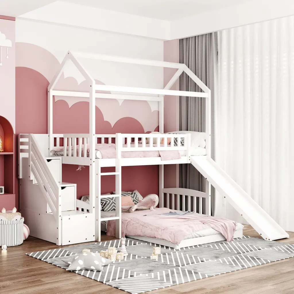Twin Over Twin Bunk Bed Two Drawers And Slide House Bed lucky furniture