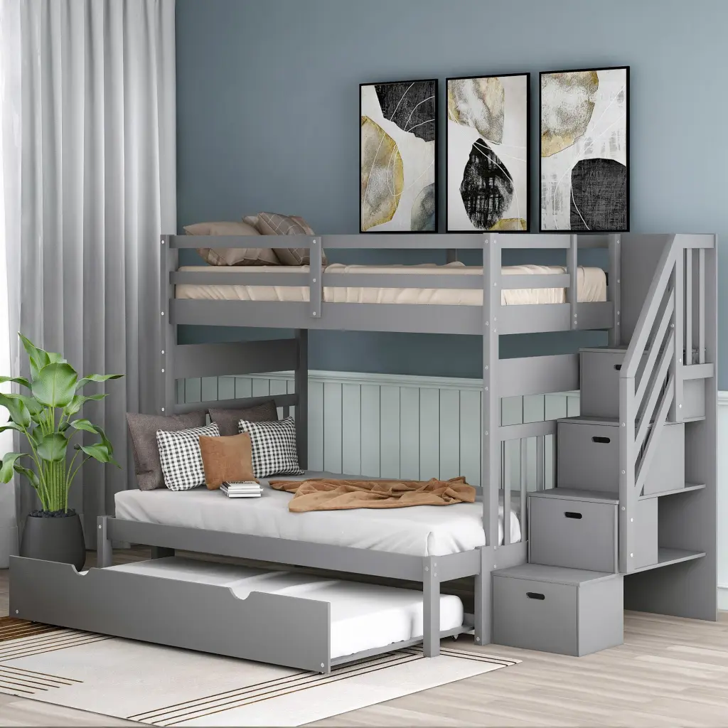Twin Over Twin Full Bunk Bed Trundle Gray Finish lucky furniture