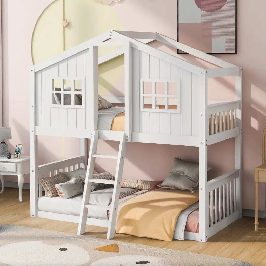 Twin Over Twin House Bunk Bed Ladder White Solid Timber lucky furniture