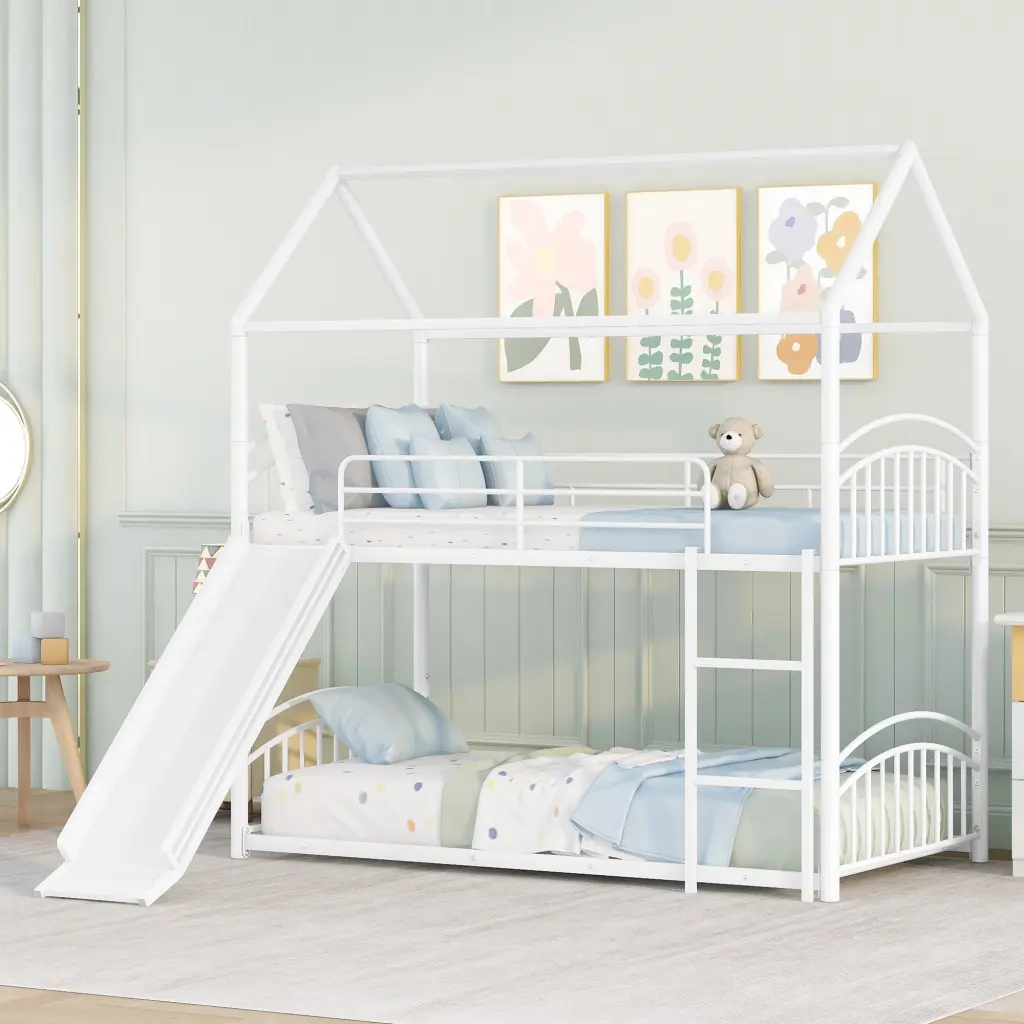 Twin Over Twin Metallic Bunk Bed Slide Kids House Bed White lucky furniture