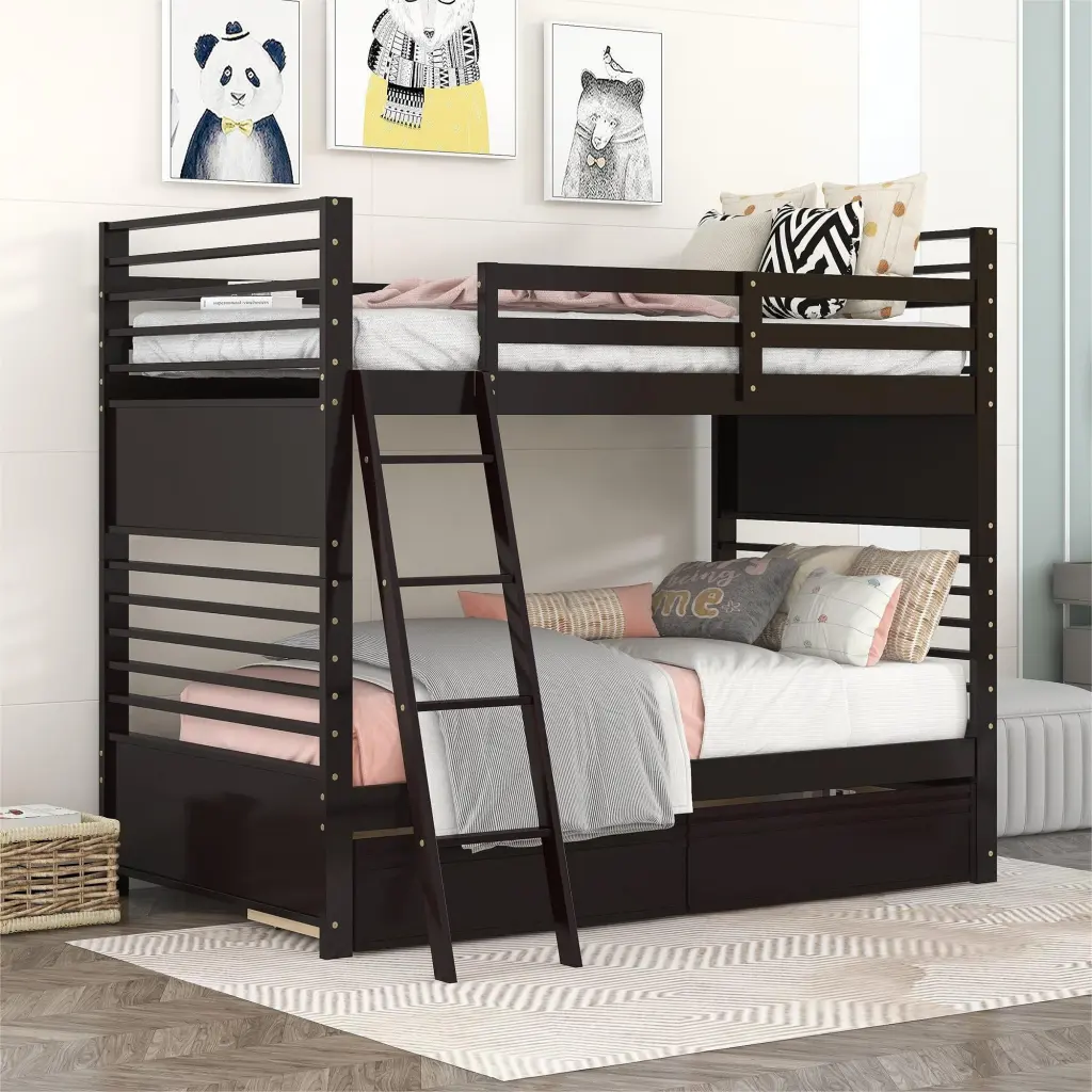 Twin Over Twin Wood Bunk Bed Two Drawers, Espresso Finish, Solid Construction lucky furniture
