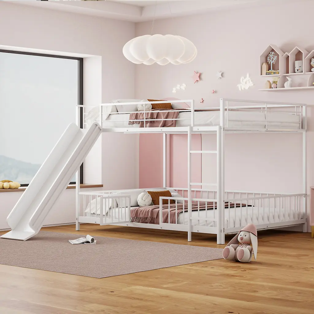 Full Over Full Dimensions Metallic Bunk Bed Slide And Guardrails, White lucky world