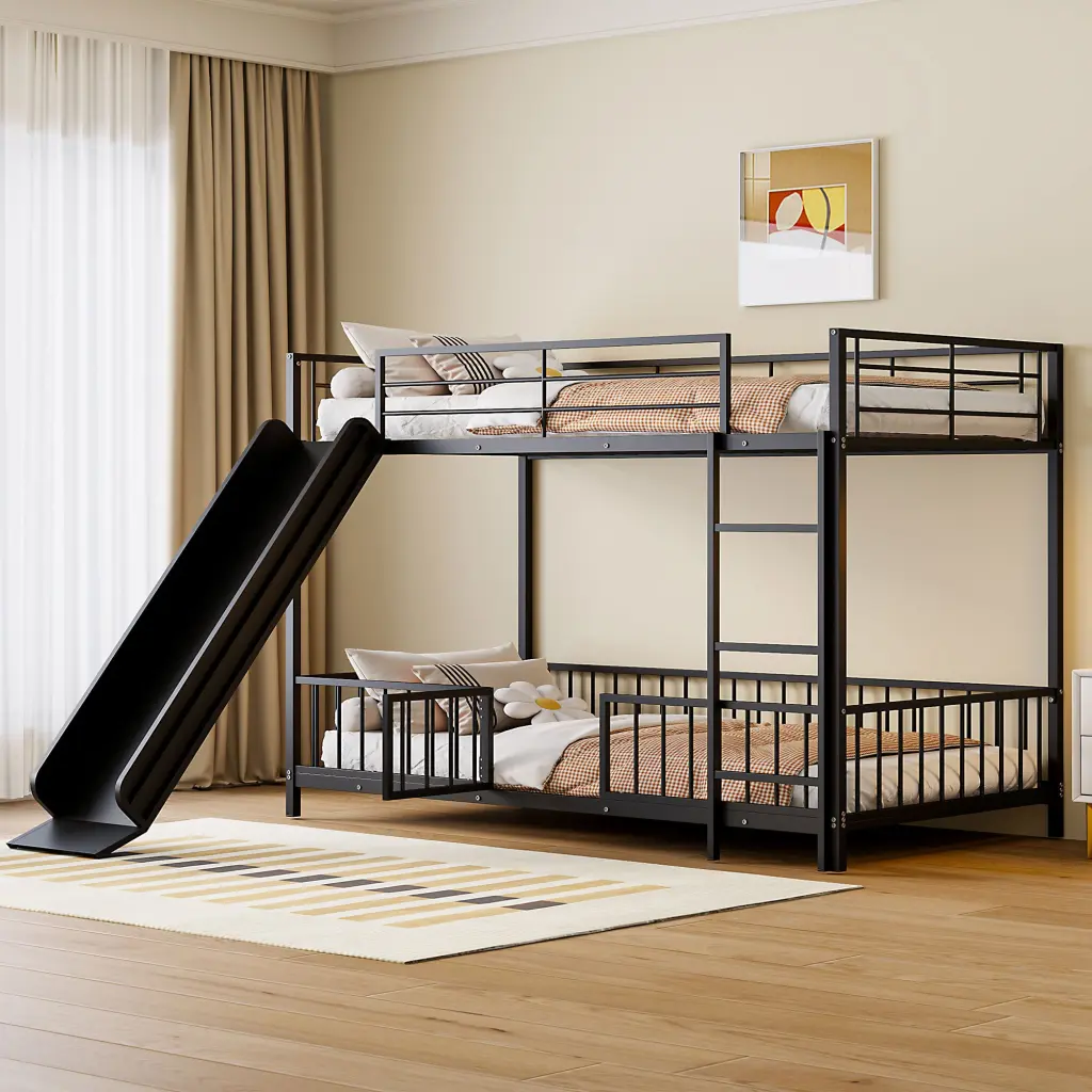 Twin Over Twin Size Metal Bunk Bed Slide And Guardrails Black lucky world