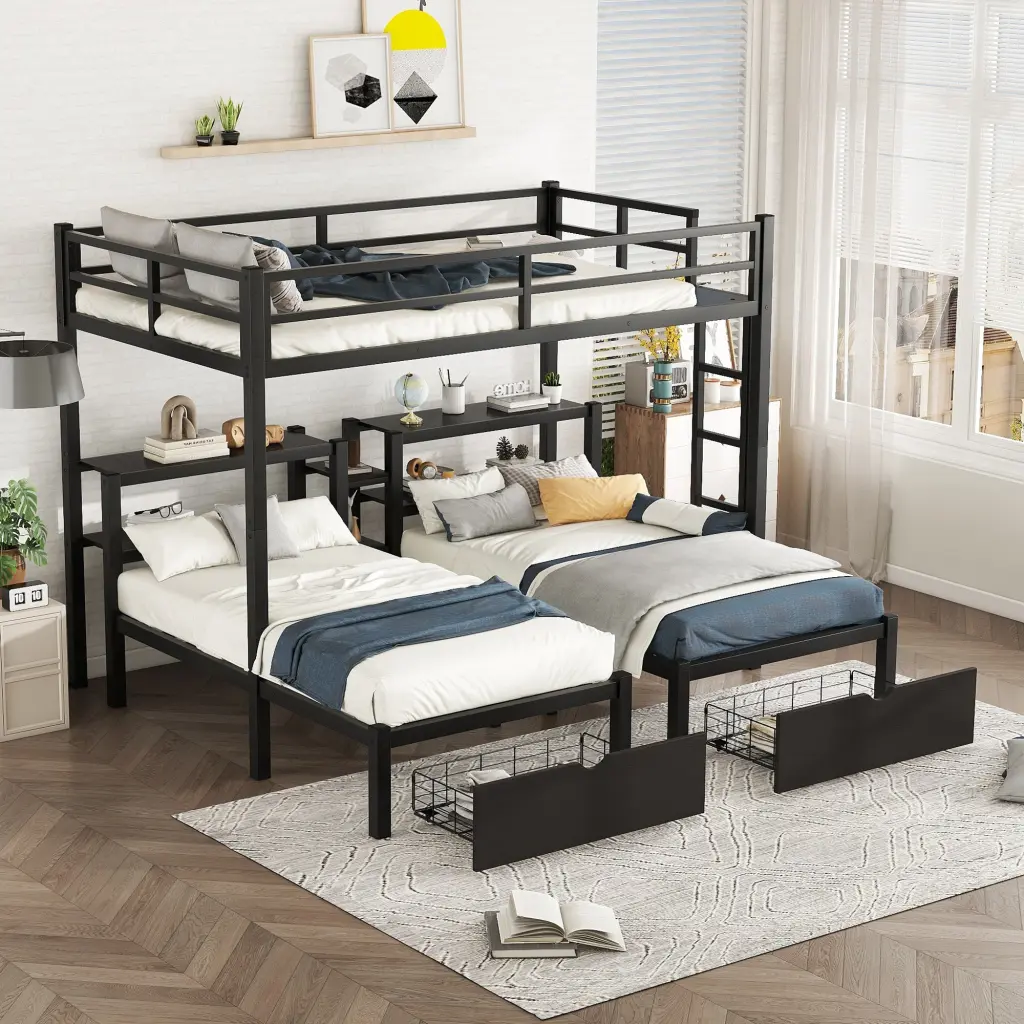 Full XL Over Twin and Twin Triple Bunk Bed Drawers Multi Functional magic more