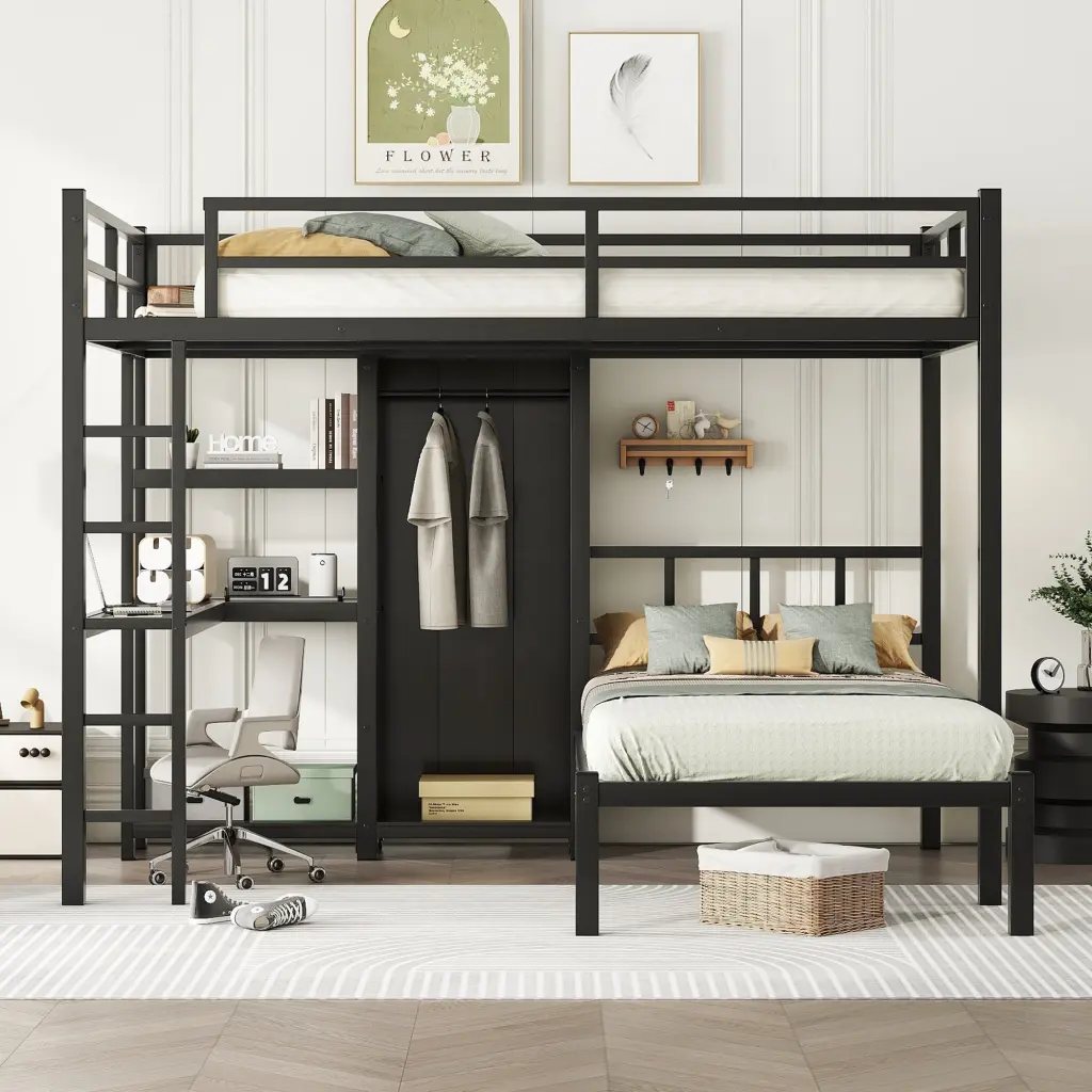 Metal Full XL Over Twin Bunk Bed Desk, Bookshelf, And Storage Shelves magic more
