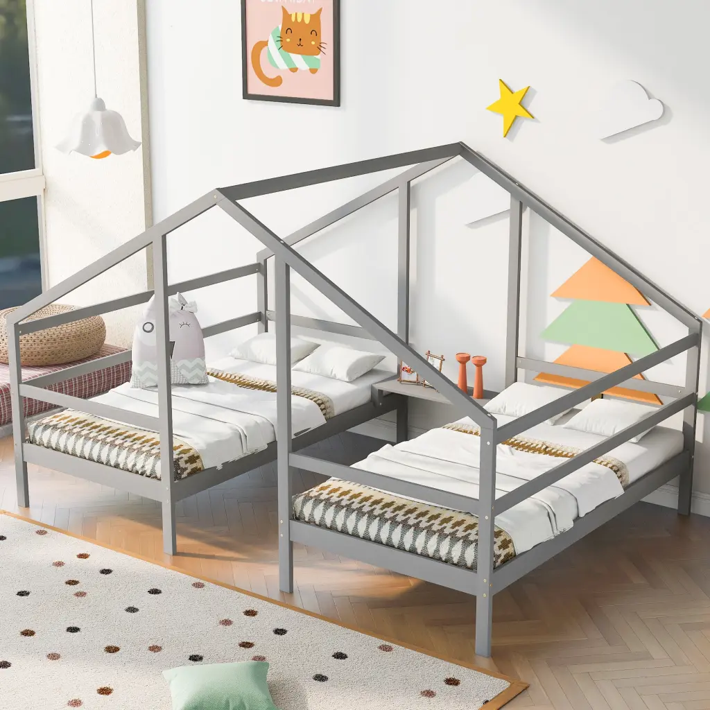 Double Twin Triangular Wood Beds Built- Table Gray wm store