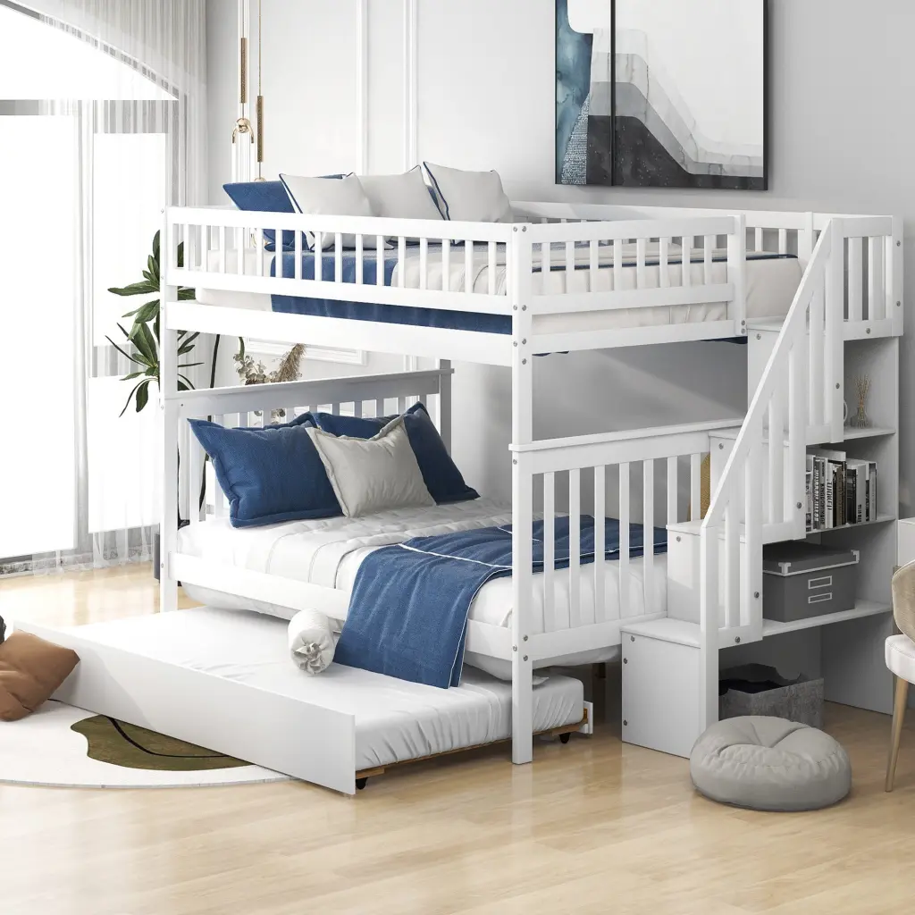Full Over Full Bunk Bed Trundle and Staircase White Pine Wood wm store