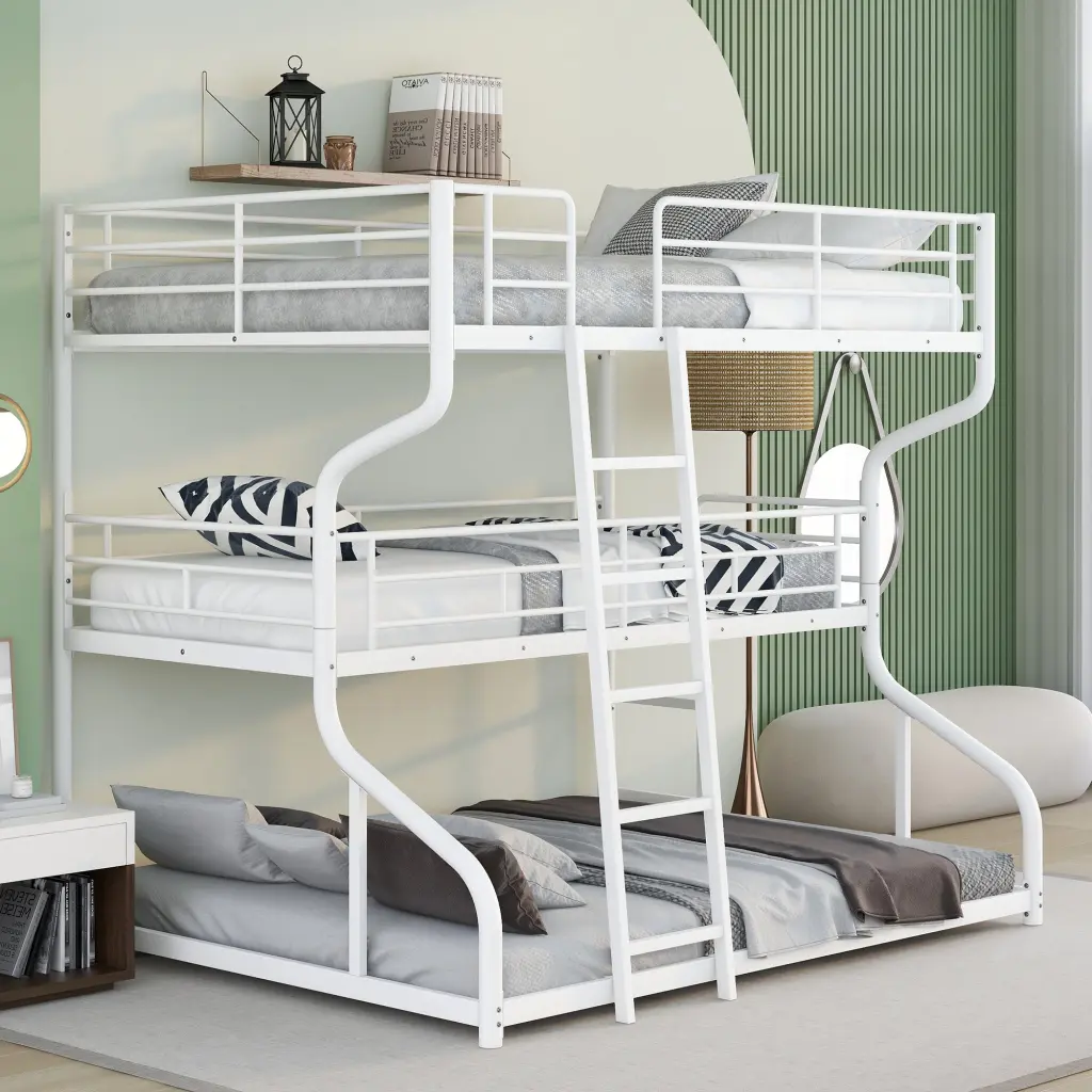 Full XL Over Twin XL Over Queen Size Triple Bunk Bed Long And Short Ladder Space Saving wm store