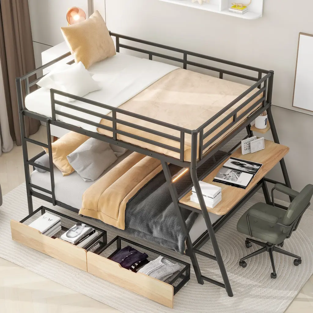 Full Size Metallic Bunk Bed Built Desk Light and 2 Drawers Black wm store