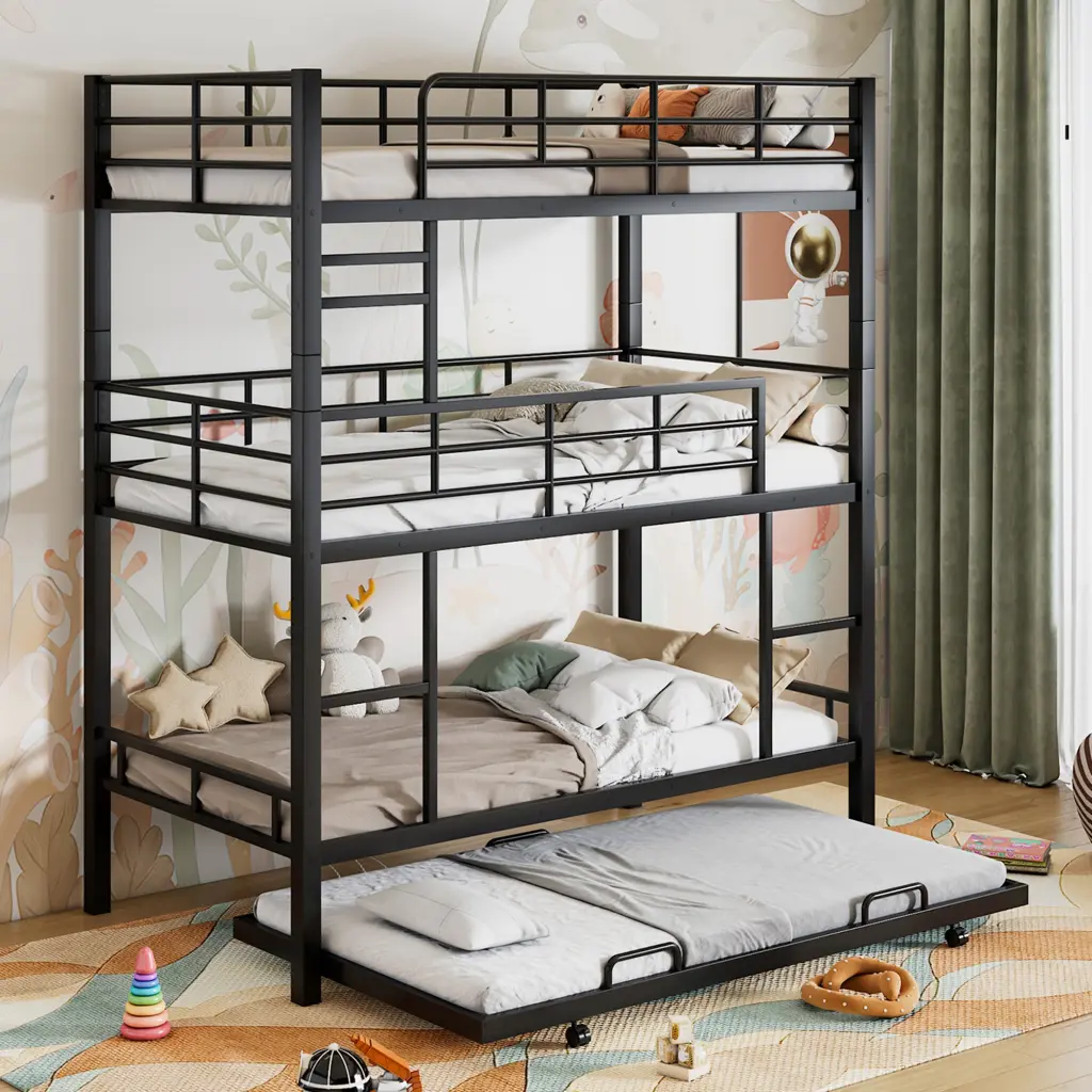 Metal Triple Bunk Bed Trundle Black Antique Finish Twin Size wm store
