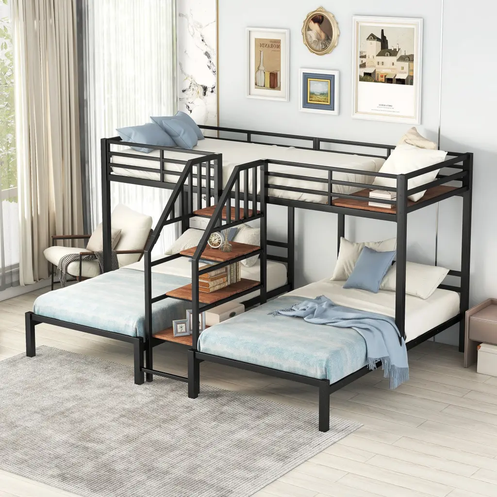 Metallic Twin Over Twin & Twin Bunk Bed Triple Bunk Bed Storage Shelves wm store