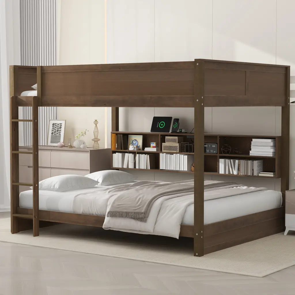 Queen Over Queen Bunk Bed Storage Cabinets And USB Ports Antique wm store