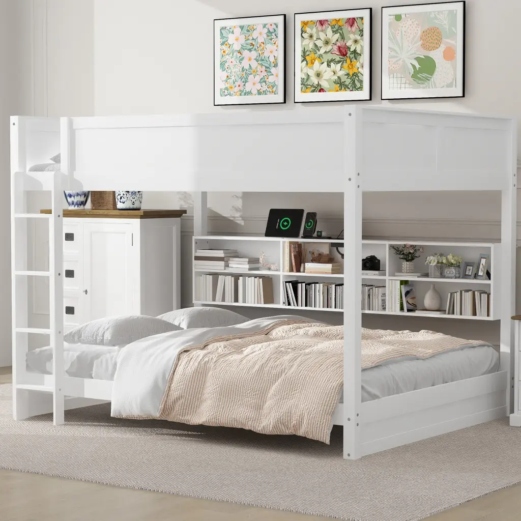 Queen Over Queen Bunk Bed Storage Cabinets And USB Ports White wm store