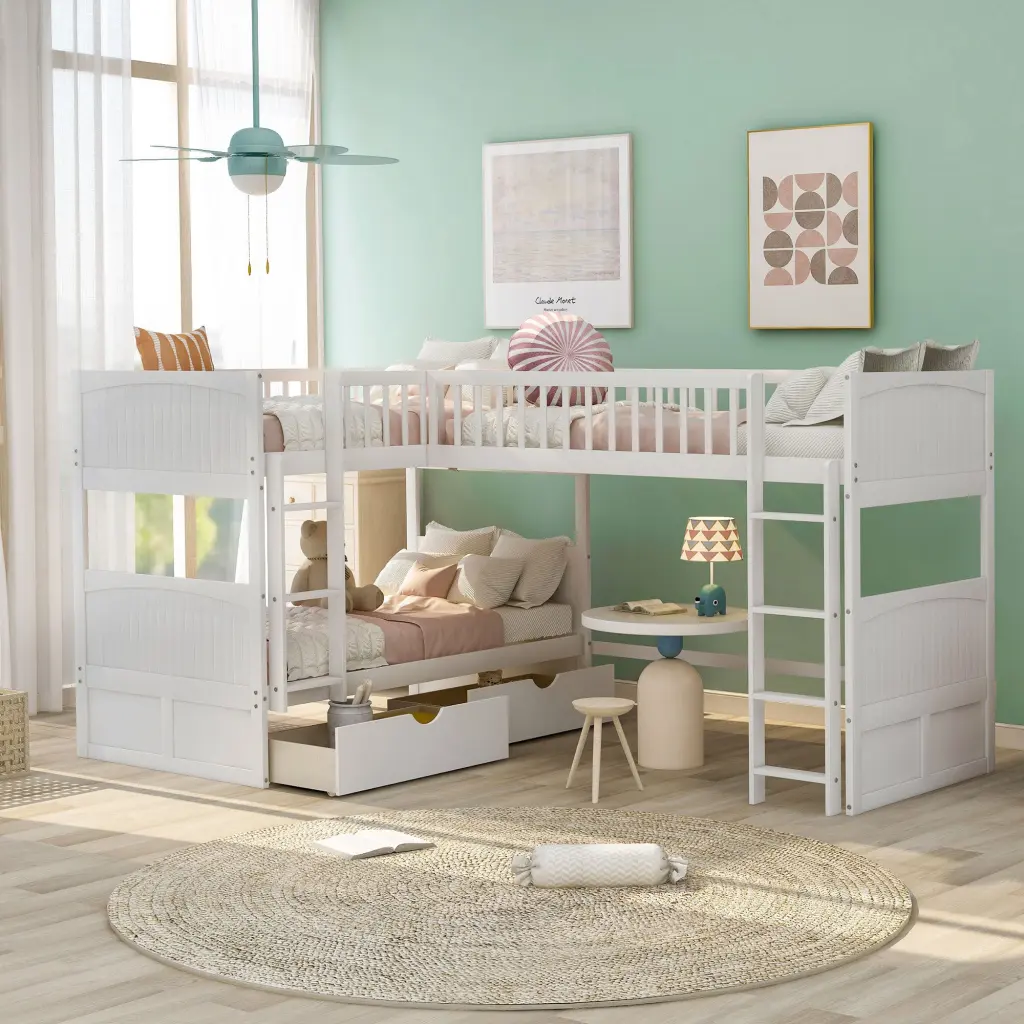 Twin Bunk Bed Loft and Two Drawers - White Space Saving Kids Bedroom Furniture wm store
