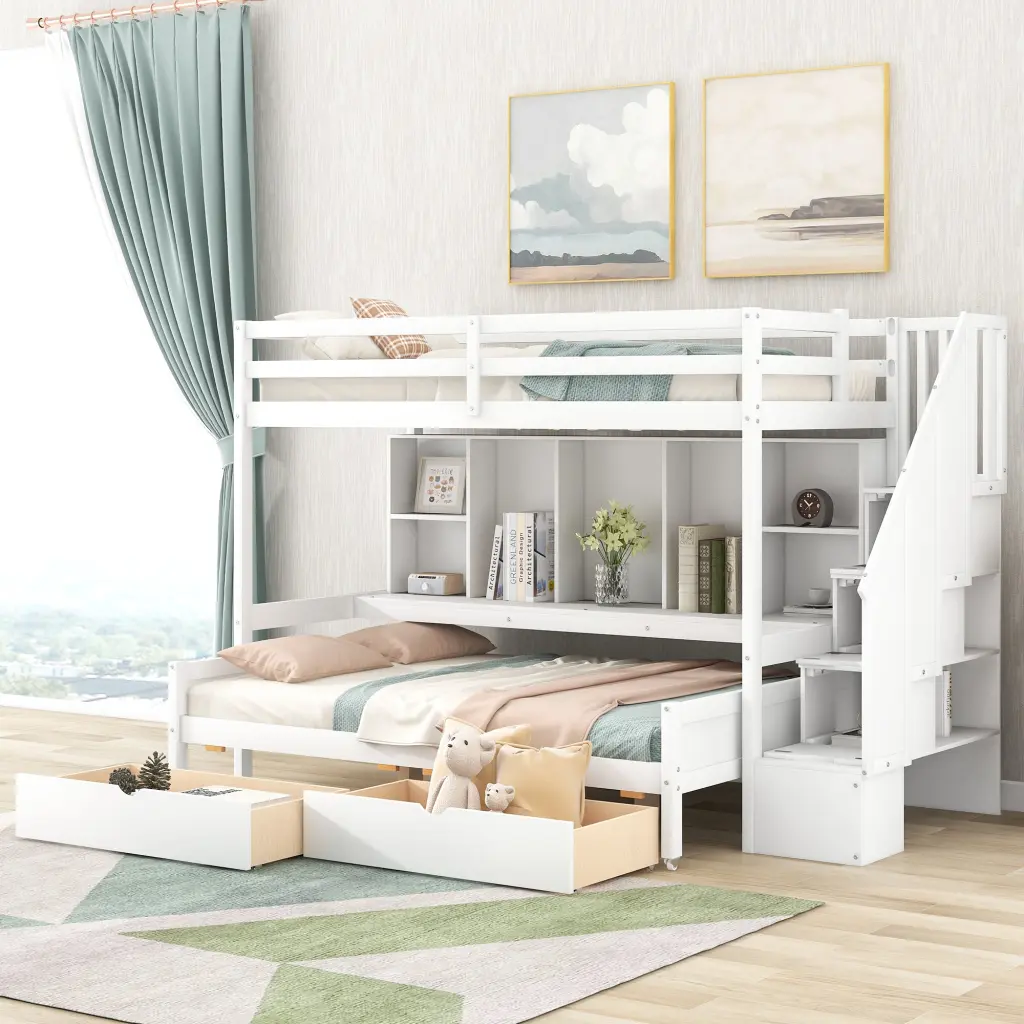 Twin XL Over Full Bunk Bed Built Storage Shelves and Drawers wm store