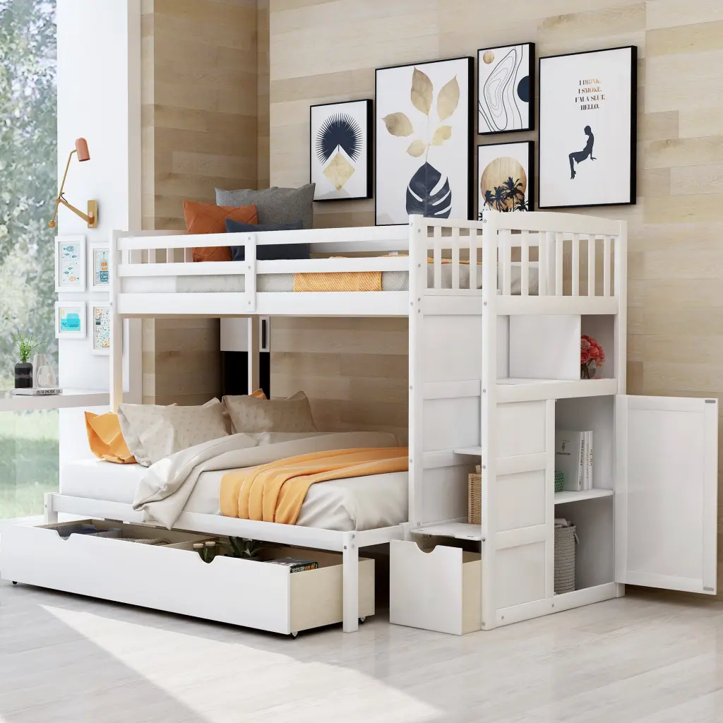 Twin Over Full Bunk Bed Convertible Bottom Bed Storage Shelves wm store