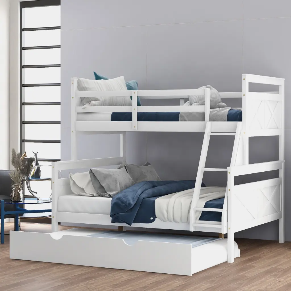 Twin Over Full Bunk Bed Ladder Trundle and Safety Guardrail Kids Bedroom Furniture wm store