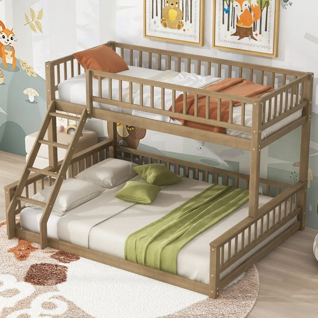 Twin XL Over Queen Bunk Bed Ladder and Guardrails Walnut Finish wm store