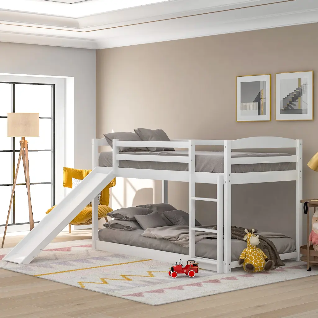 Twin Over Twin Bunk Bed Convertible Slide And Ladder White Space Saving Kids Bed wm store