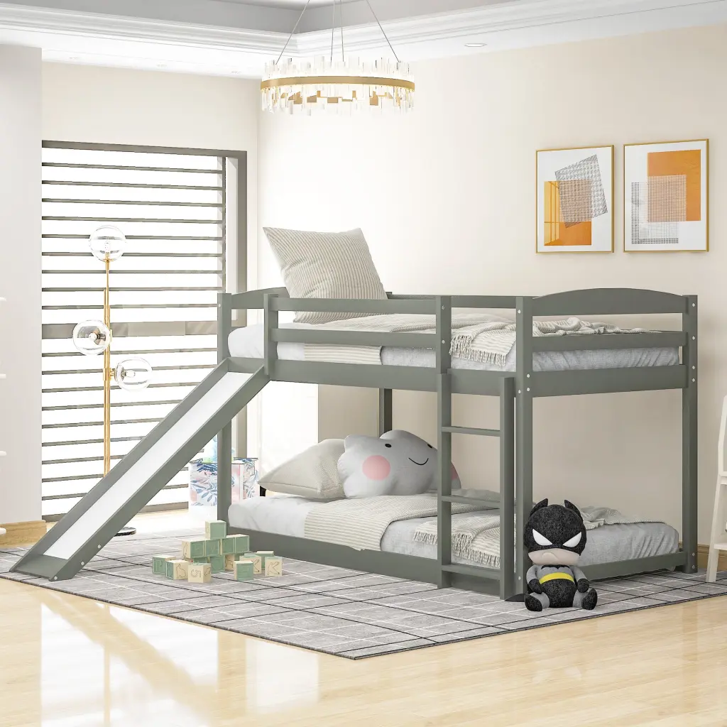 Twin Over Twin Bunk Bed Convertible Slide And Ladder Gray wm store