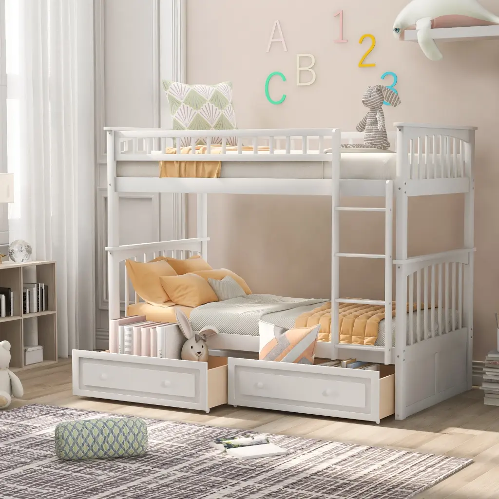 Twin Over Twin Bunk Bed Drawers and Convertible Design White wm store