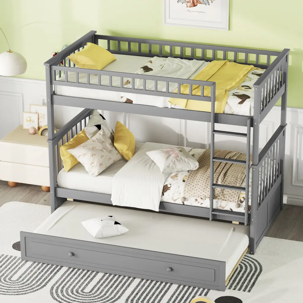 Twin Over Twin Bunk Bed Trundle, Convertible Gray Bunk Bed Kids wm store