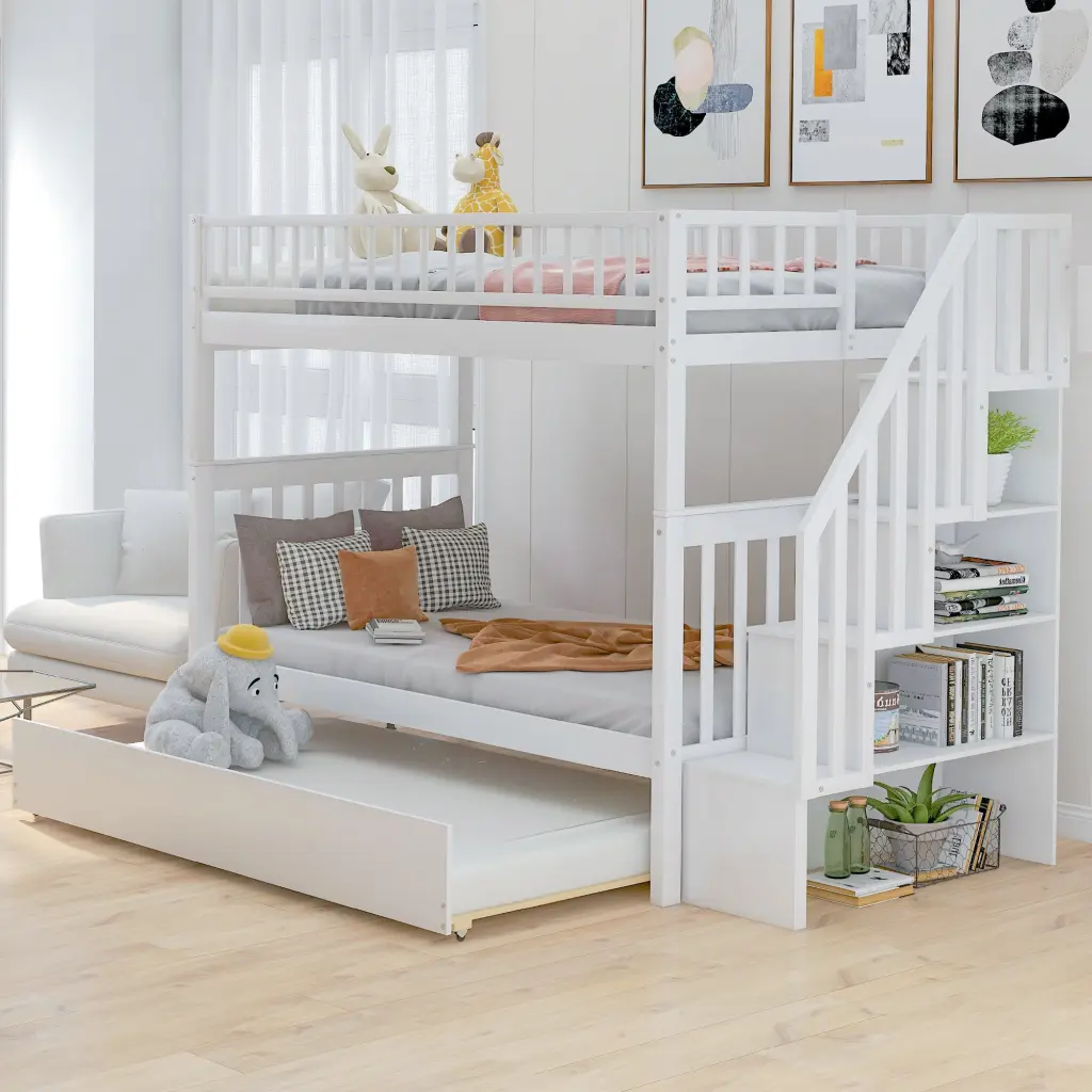 Twin Over Twin Bunk Bed Trundle And Storage White Pine wm store