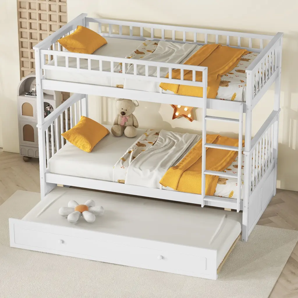 Twin Over Twin Bunk Bed Twin Size Trundle Convertible Beds White wm store
