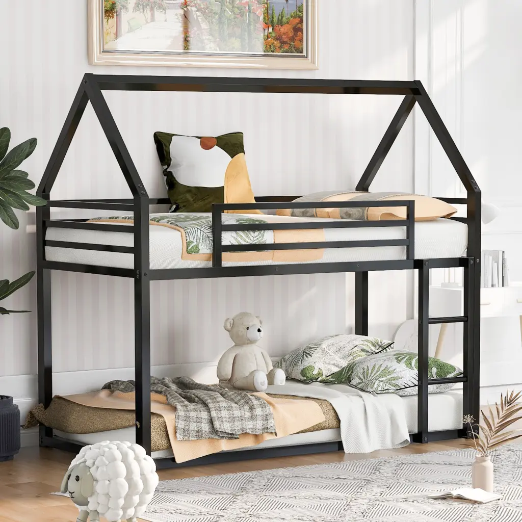 Twin Over Twin House Bunk Bed Built Ladder Black Metal Frame wm store